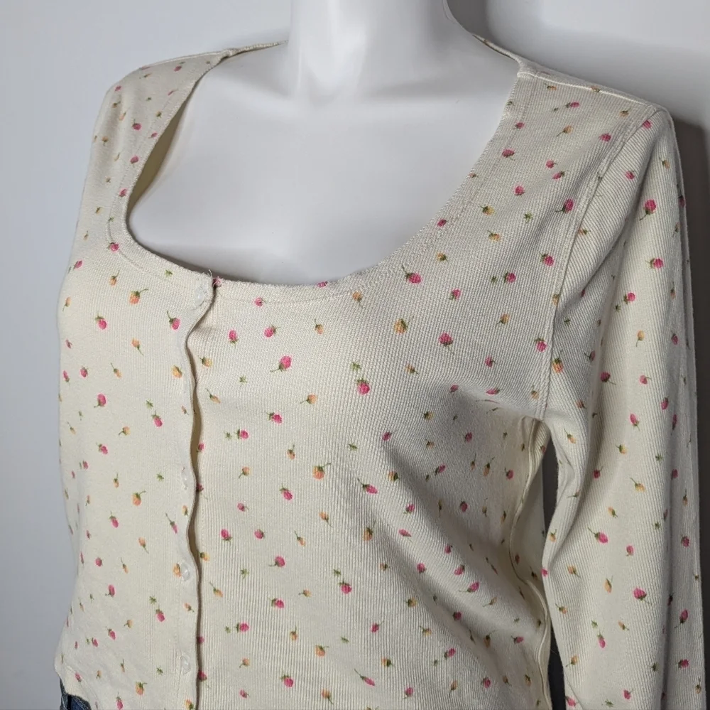J Crew Cream Pink Yellow Floral Cotton Blend Square Neck Long Sleeve Cardigan